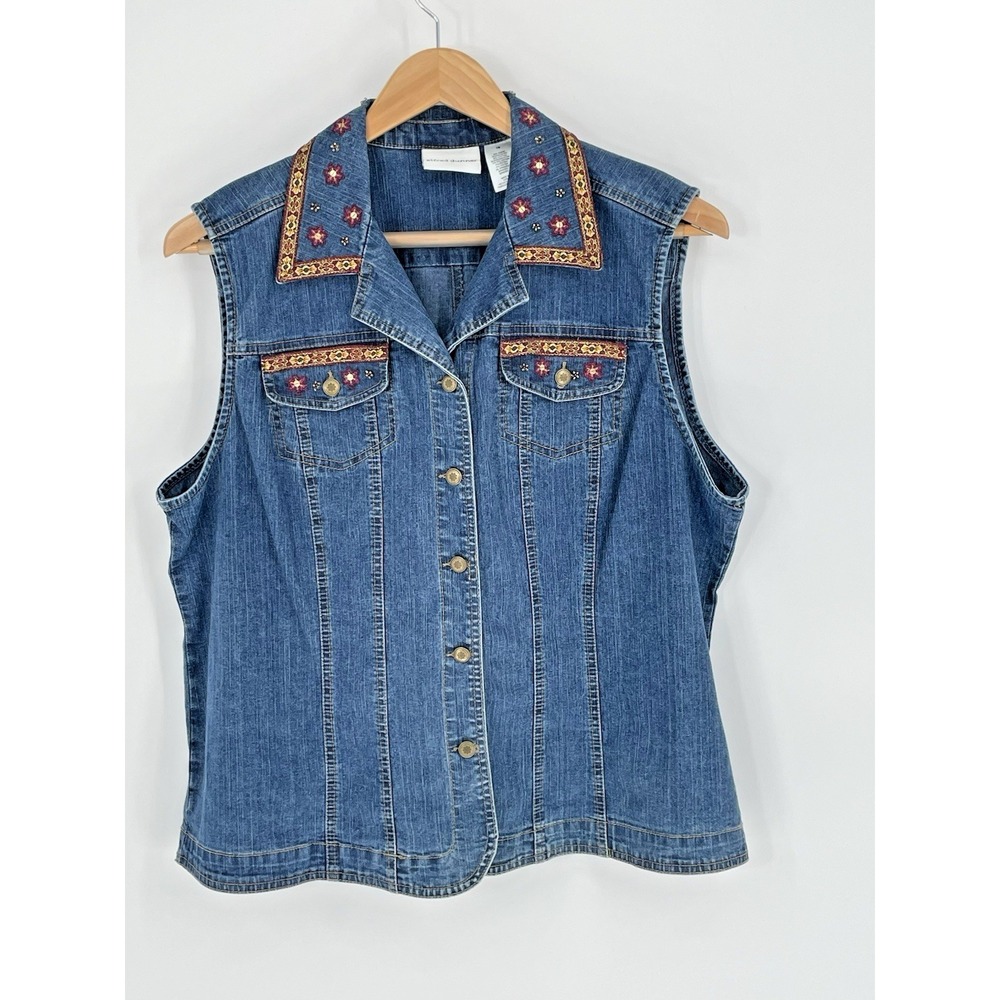 Alfred Dunner Plus Women Size 18 Denim Vest Burgundy Gold Trim Embroidery Sequin